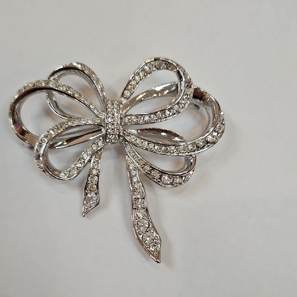 Kenneth Jay Lane Silver Hued and Crystal Bow Brooch